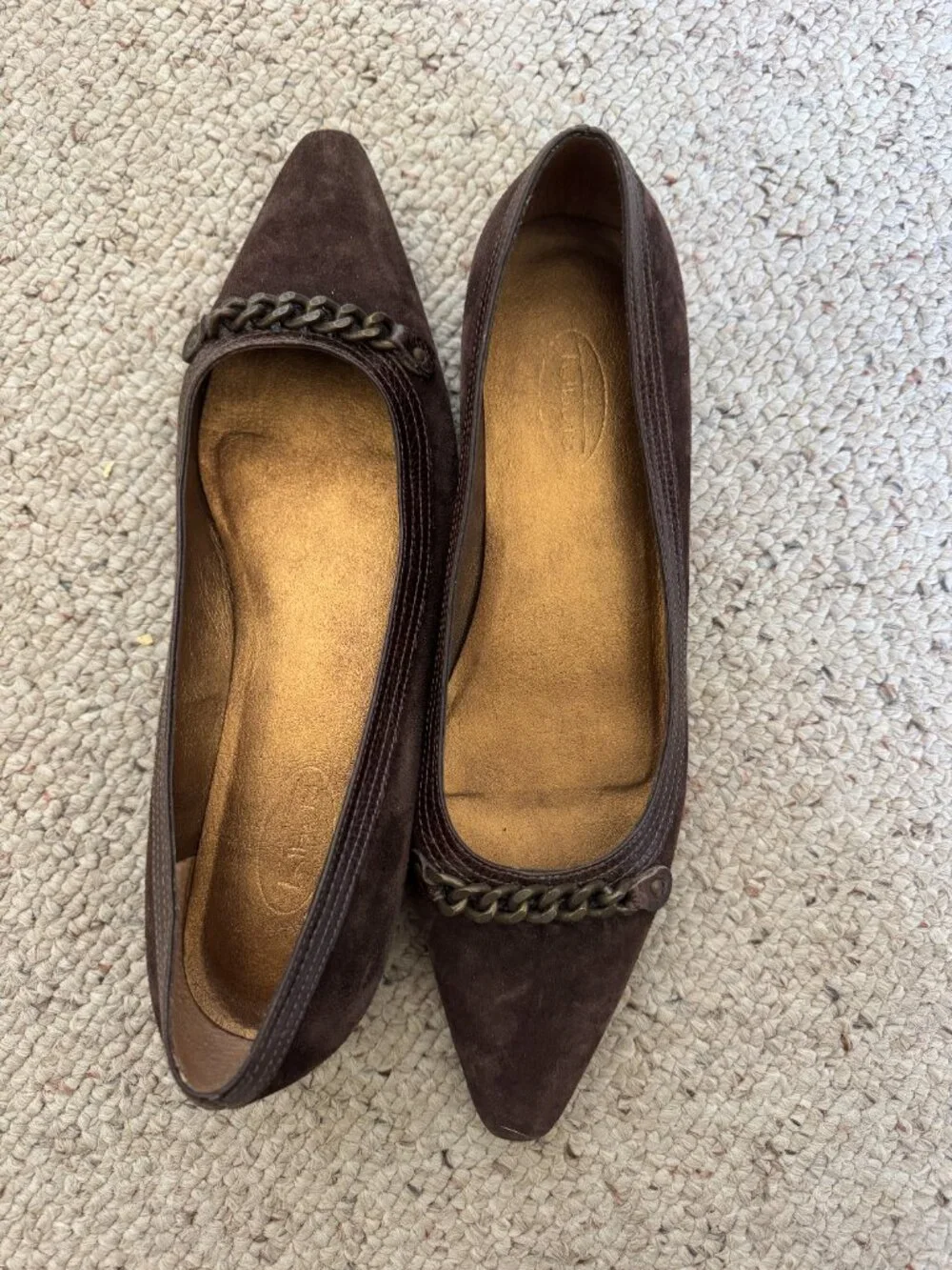 Talbots chocolate suede ballet low heel Sz 9.5 shoes with chain vamp